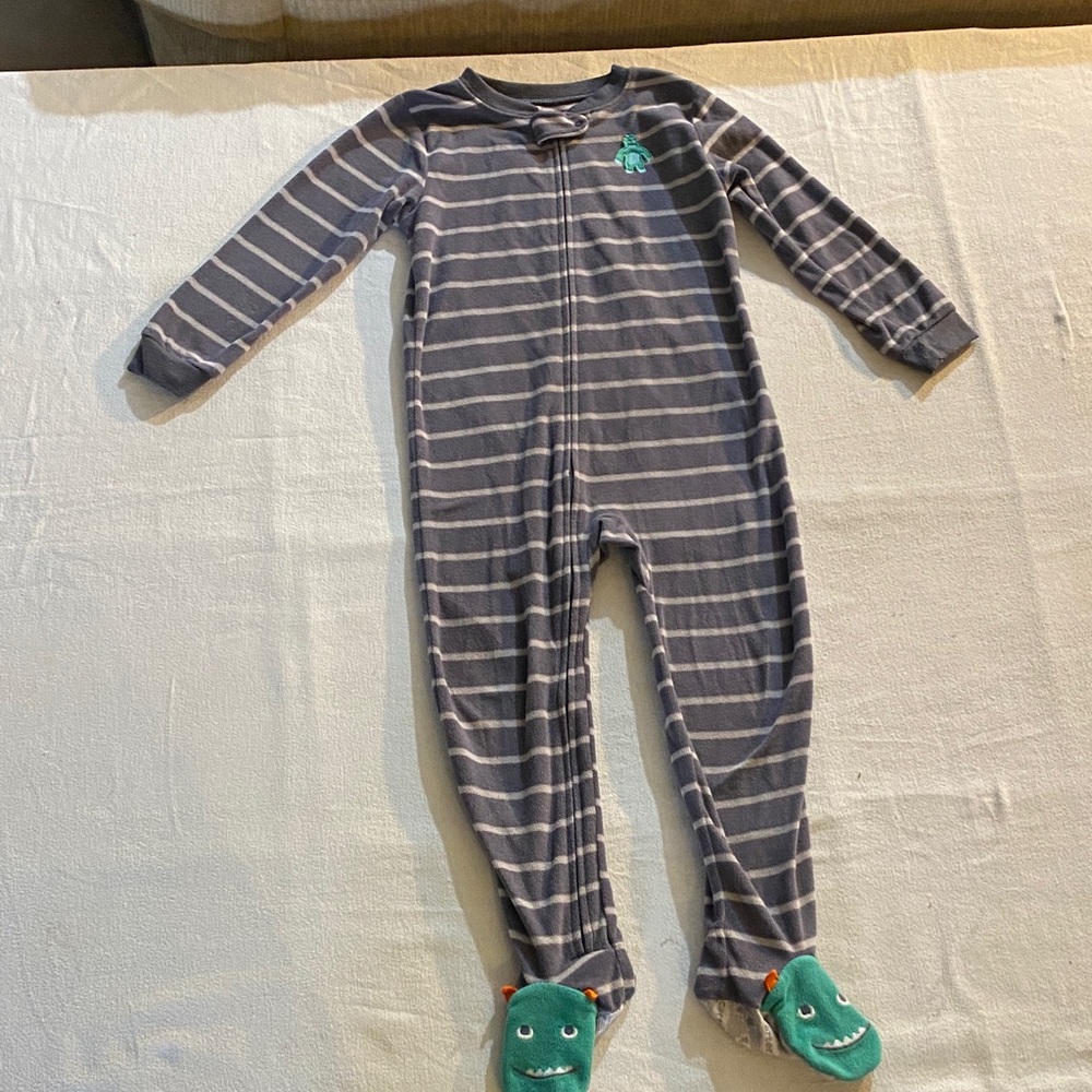 Carters Grey/White Striped Gray Kids Footie Pajamas with Green Monster Feet 5T